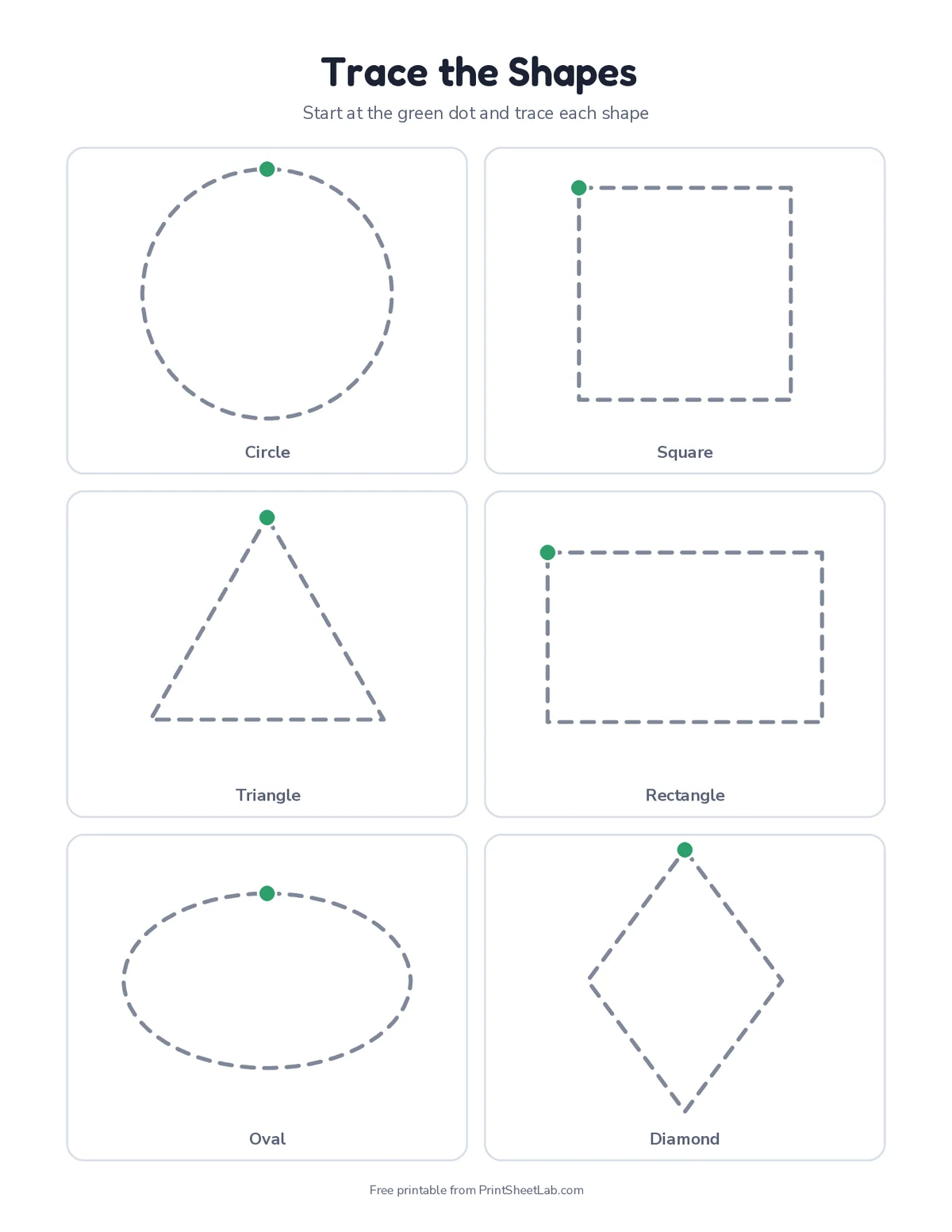 2d shapes worksheets: trace all 12 shapes