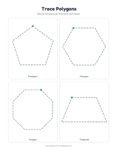 Tracing shapes: pentagon, hexagon, octagon, trapezoid printable worksheet for preschool and kindergarten