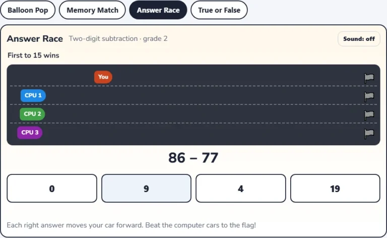 Two-digit subtraction game Answer Race with the question 86 − 77 and four answers