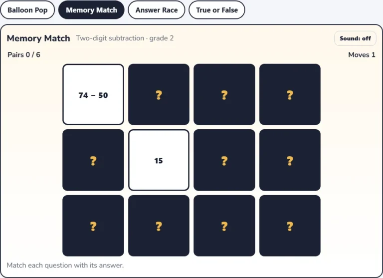 2 digit subtraction game Memory Match with a card showing 74 − 50