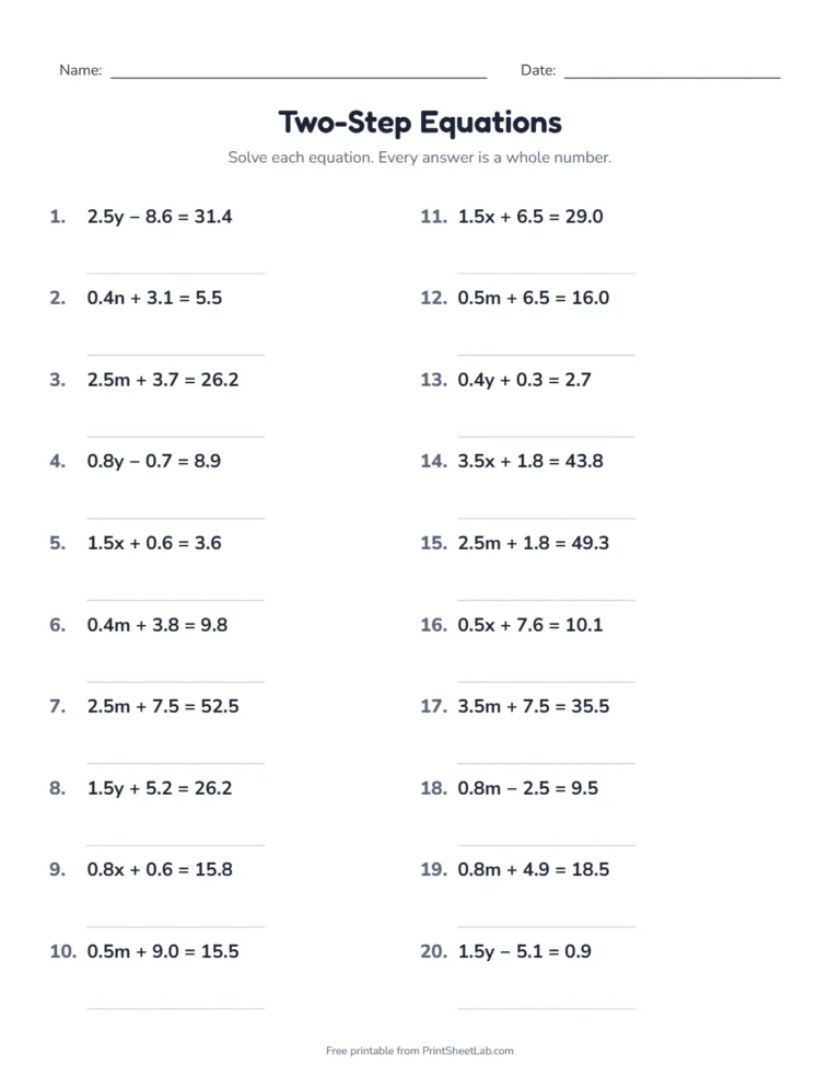Two-step equations worksheets with decimals and whole-number answers, with answer key