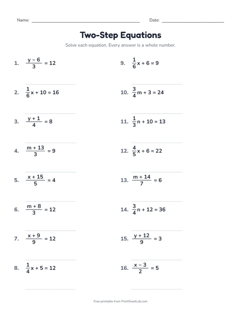 Two-step equations with fractions worksheet: (x + b)/a = c and fraction coefficients, with answer key