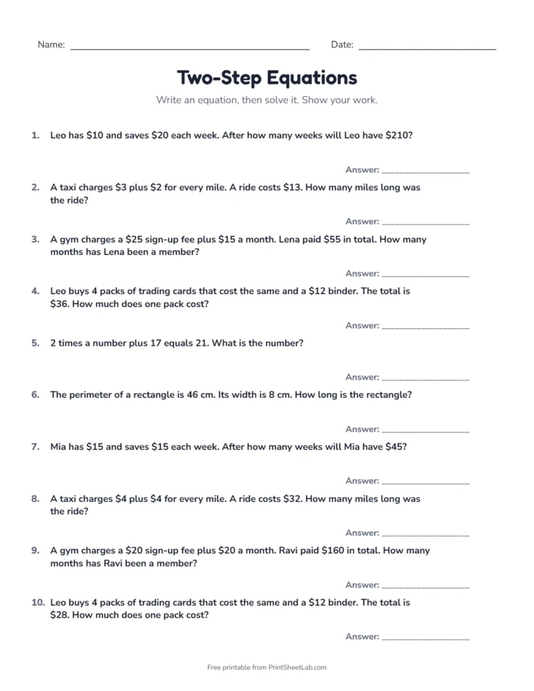 Two-step equations word problems worksheet: savings, taxi fares, gym fees and perimeter