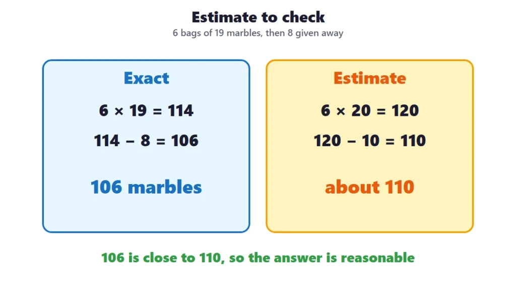 Two-step word problems: an exact answer of 106 and an estimate of about 110 for 6 bags of 19 marbles with 8 given away