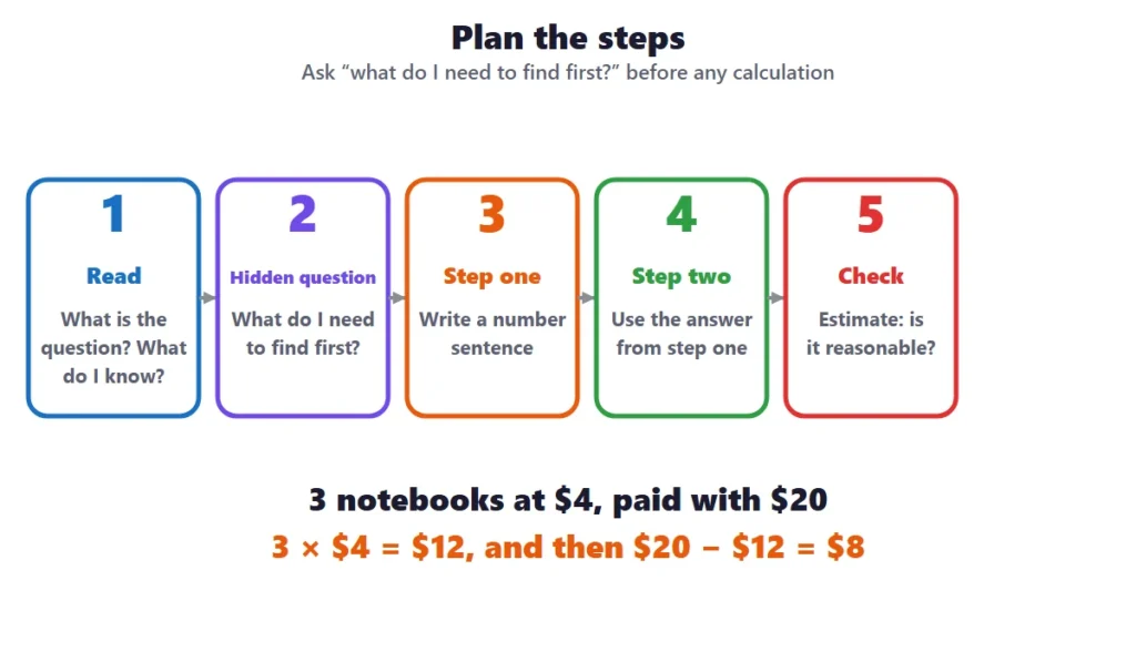 Two-step word problems: five steps from reading to checking, with the hidden question as step two