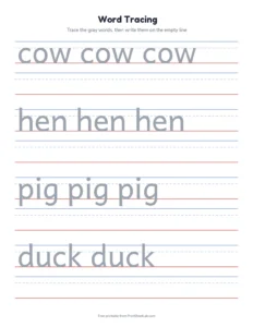 Farm animal words printable worksheet for preschool and kindergarten
