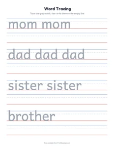 Family words printable worksheet for preschool and kindergarten