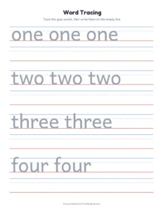 Number words one to ten printable worksheet for preschool and kindergarten
