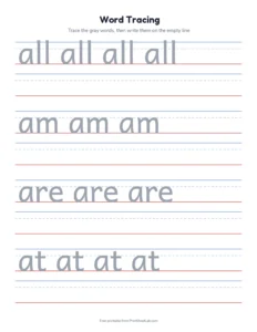 Primer sight words (52 words) printable worksheet for preschool and kindergarten