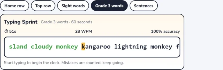 Typing game for kids in progress with grade 3 words and the words per minute counter