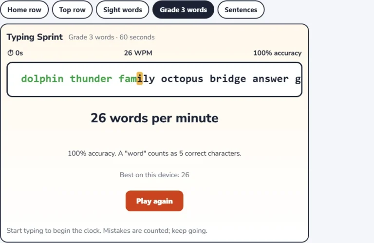 Typing practice for kids results screen with words per minute and accuracy