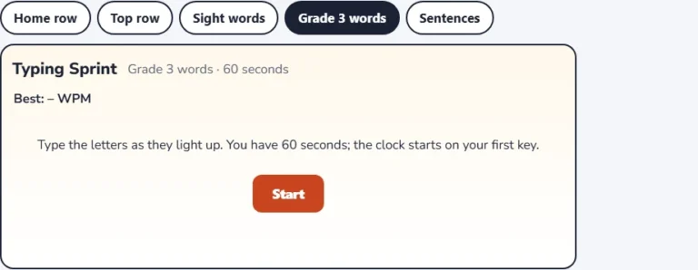 Typing games for kids start screen with five modes: home row, top row, sight words, grade 3 words and sentences