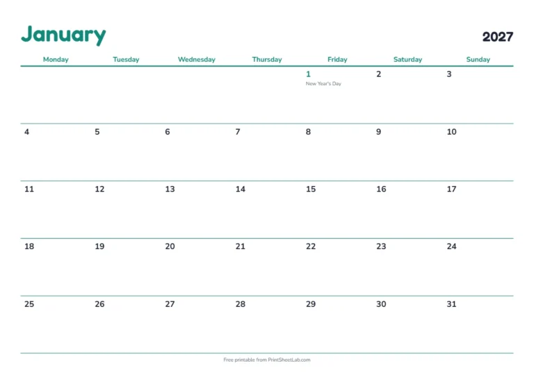 UAE holidays 2027 printable calendar with 12 months