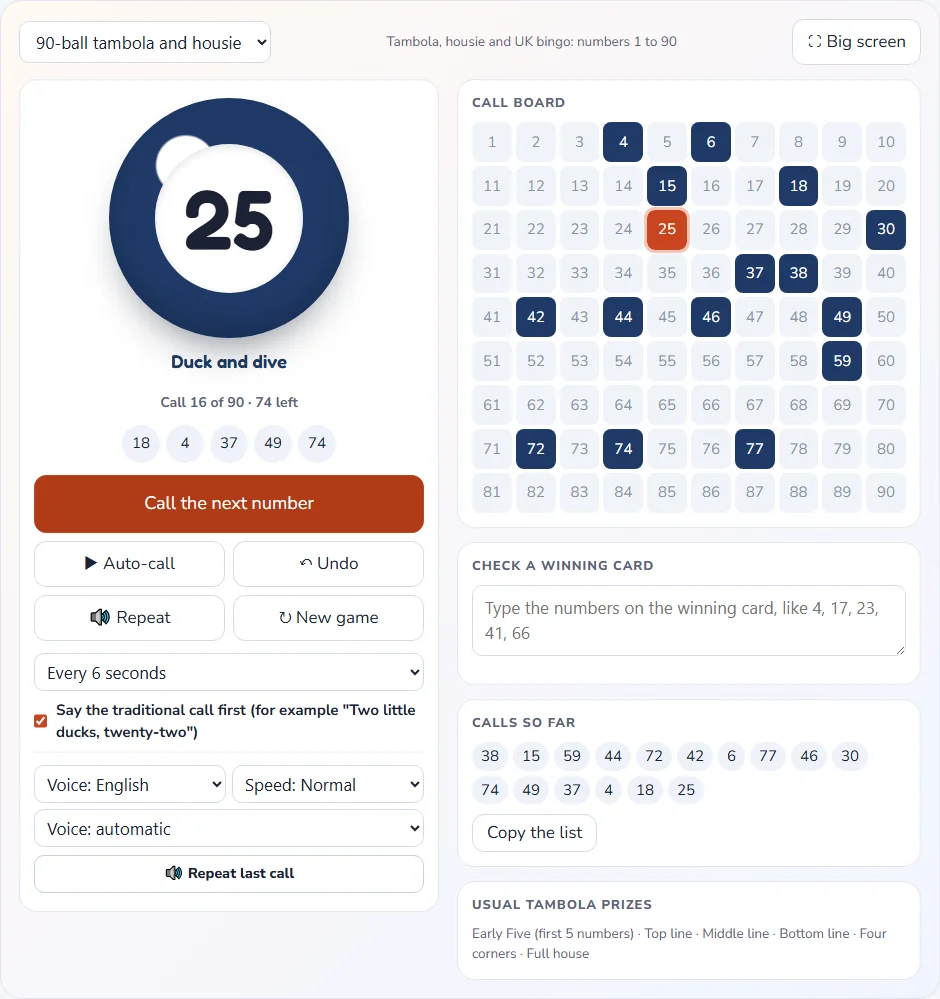 Free tambola number caller showing the last called ball, a 1-90 call board with called numbers marked, and the winning card check