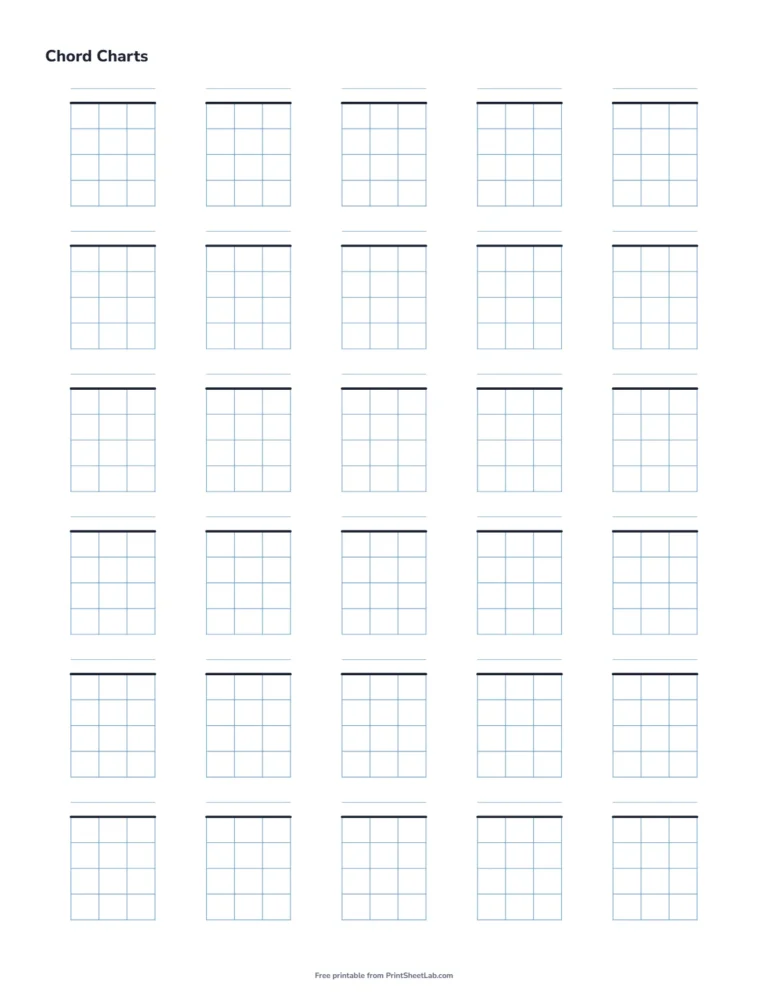 Ukulele chord chart printable: 30 blank chord diagram boxes for four strings