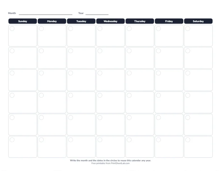 Undated calendar template in black and white