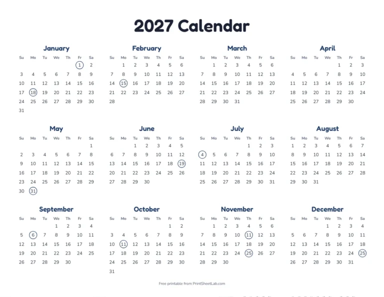 US federal holidays 2027 calendar: the year at a glance with every federal holiday marked