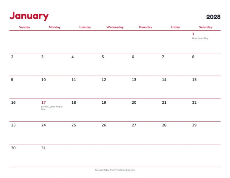 US holidays 2028 printable calendar with 12 months