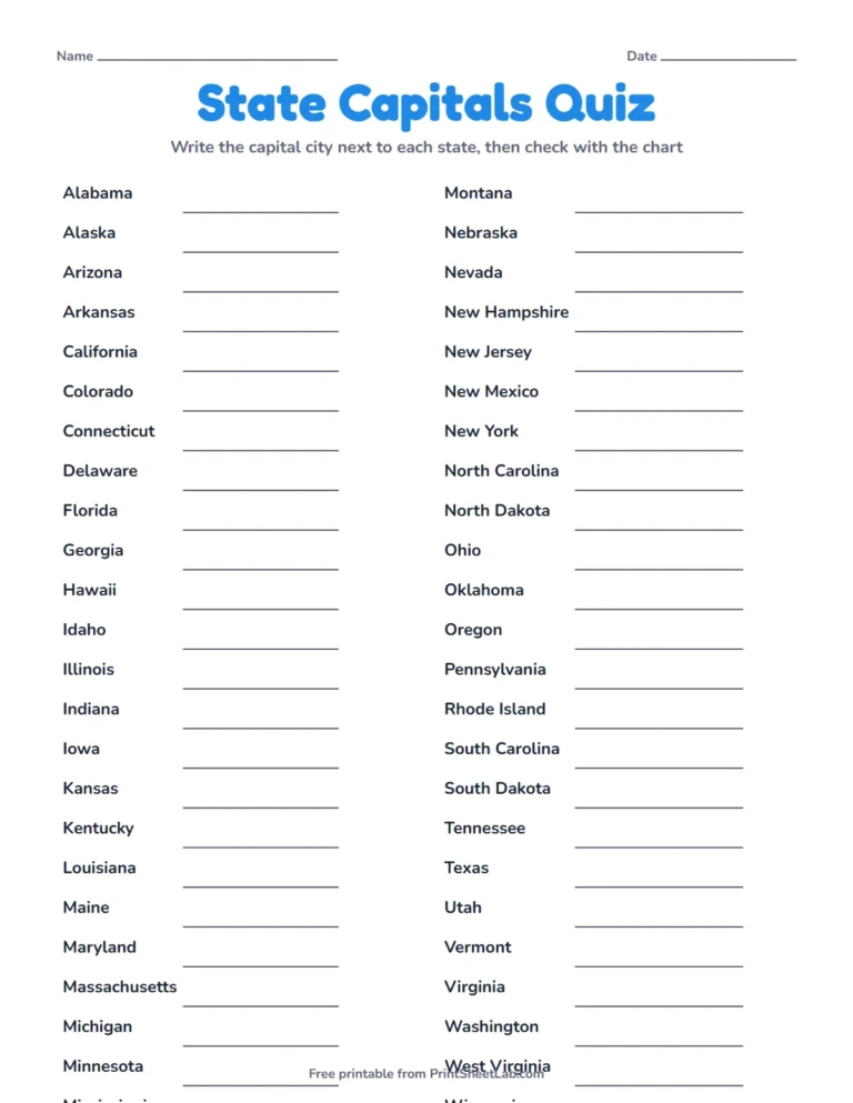 State capitals game quiz printable with the 50 states and a line to write each capital