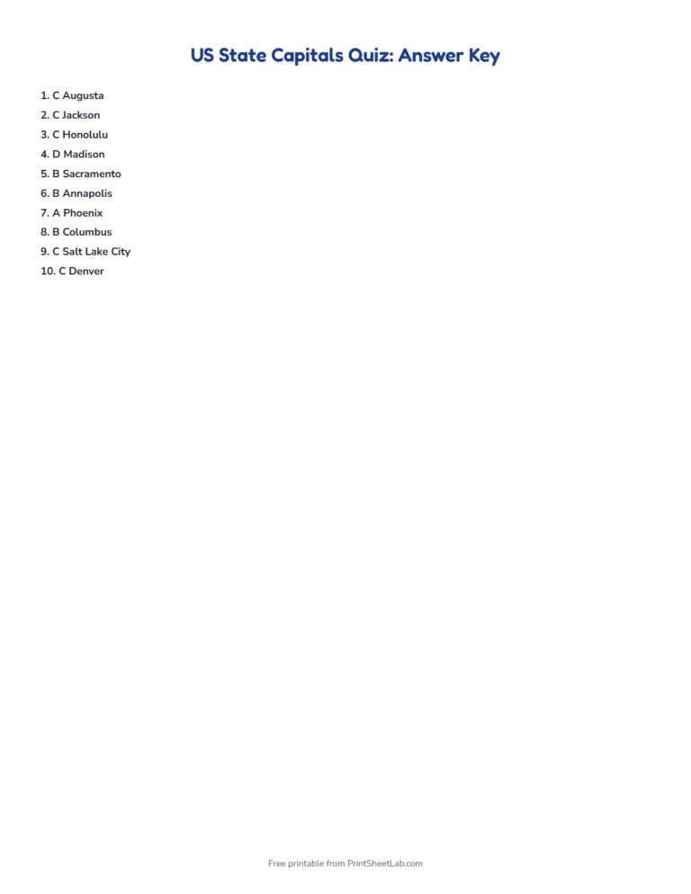 US state capitals quiz answer key with every answer