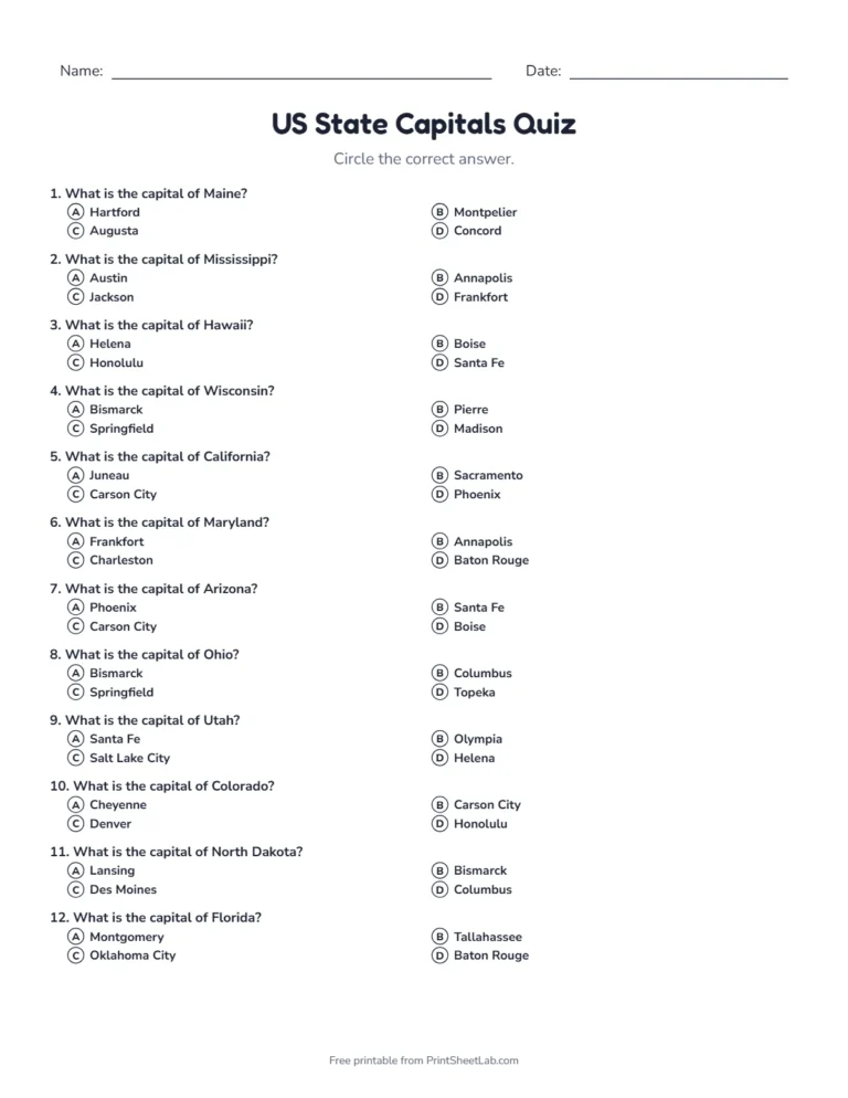 US state capitals quiz sheet in black and white with 20 questions