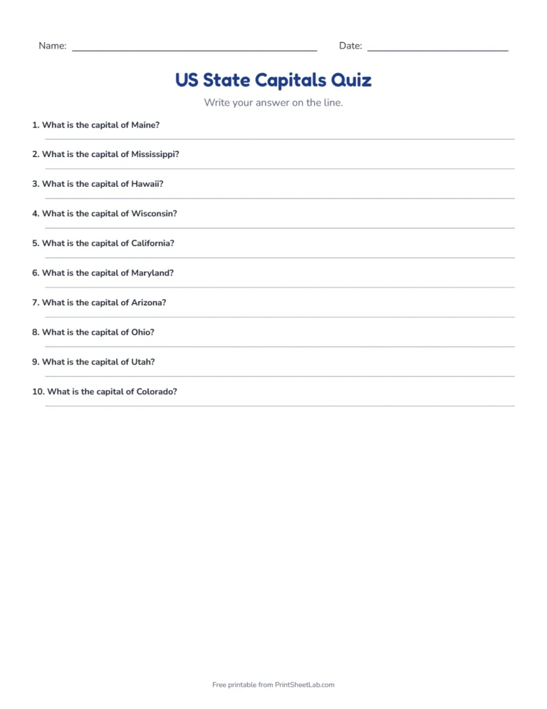 US state capitals quiz write-in sheet with lines for the answers