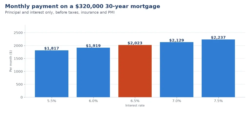 Bar chart from a mortgage calculator USA example: monthly payment on a $320,000 loan at 5.5% to 7.5% over 30 years