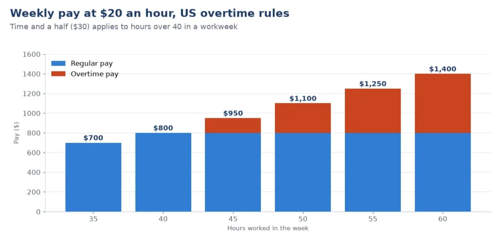 Chart for USA calculators: weekly pay at $20 an hour with time and a half after 40 hours