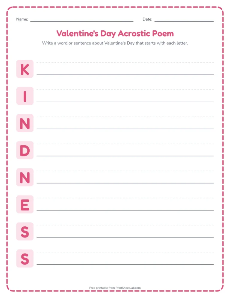 Valentine's Day acrostic poem worksheet: write a word for each letter of KINDNESS