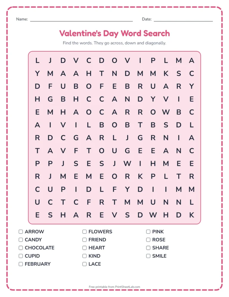 Valentines day worksheets: word search printable with Valentine's Day words and a word list