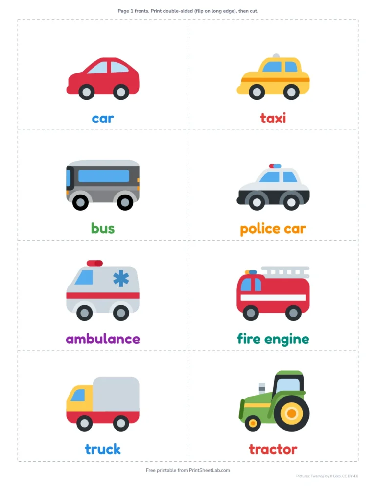 Vehicle flash cards with pictures: car, bus, truck and more