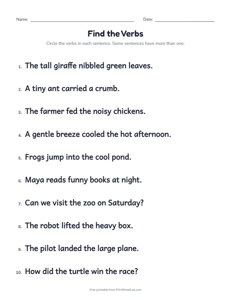 Verbs worksheet printable: circle the action verbs in ten sentences, with an answer key