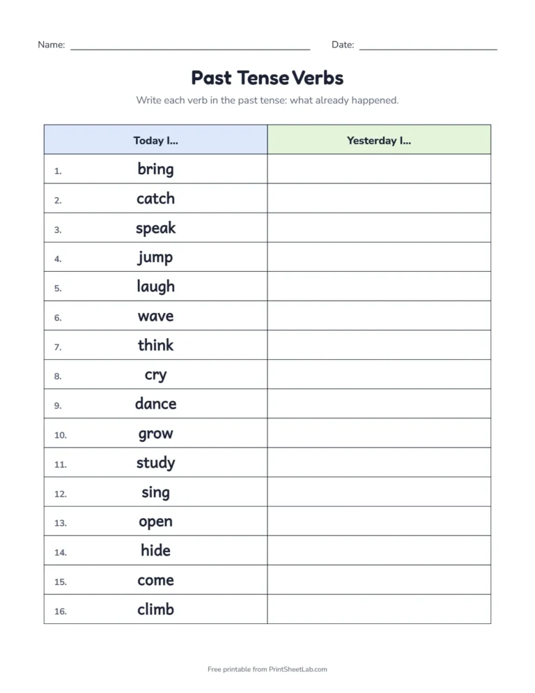 Action verbs worksheet: write each verb in the past tense in a two-column table