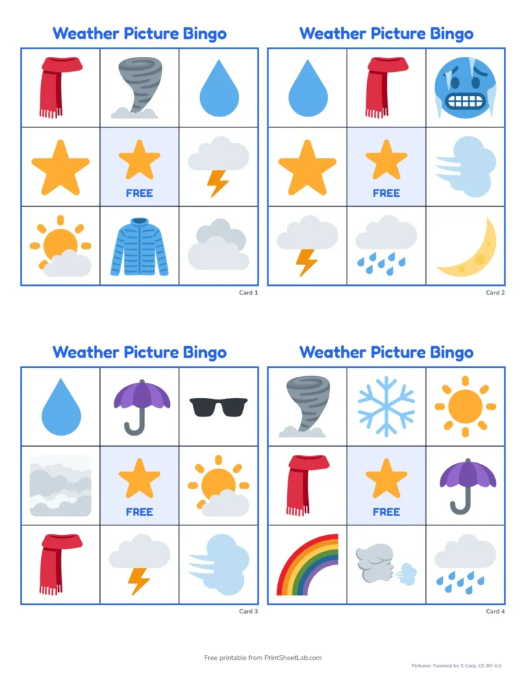 Weather bingo cards for preschool: 3 by 3 picture-only cards with a free star