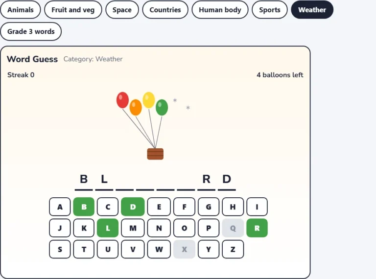 Word guess game for kids: weather hangman in the middle of a round with balloons popped