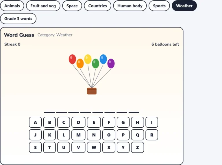 Weather hangman game with a new hidden word, six balloons and the letter keyboard
