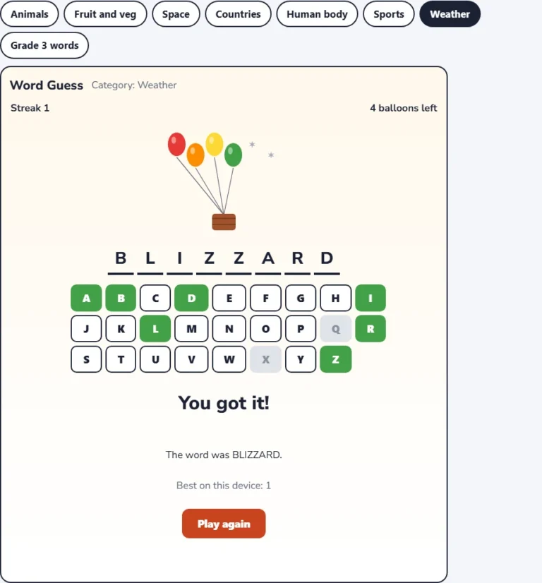 Weather word game win screen showing the guessed word and the streak