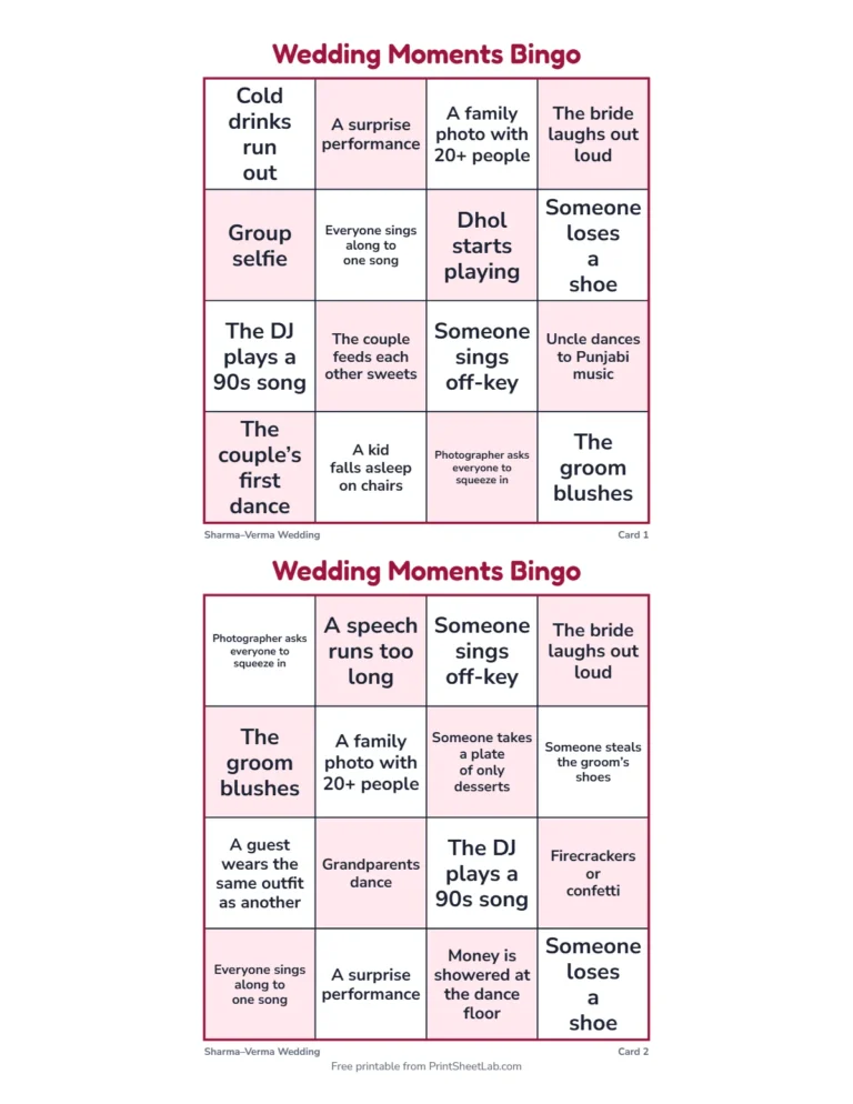 Wedding moments bingo cards in the quick 4 by 4 size