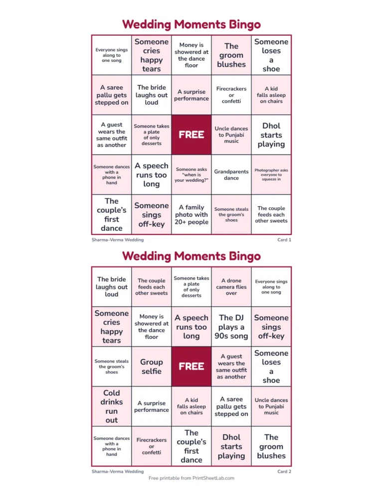 Wedding bingo: printable 5 by 5 cards with moments such as a group selfie and the dhol starting