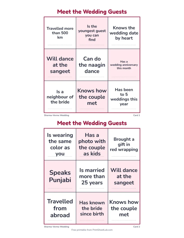 Find the guest bingo: small 3 by 3 cards for a short mingle