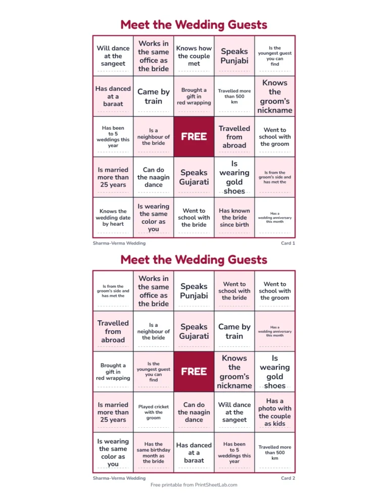 Wedding guest bingo: printable 5 by 5 cards with find the guest squares for both families
