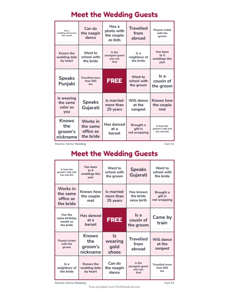 Wedding games for guests rules page: one name per square