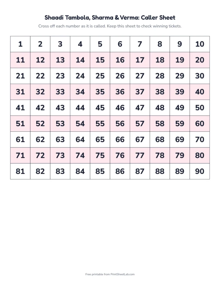 Wedding tambola caller sheet: a 1 to 90 number grid to cross off as you call