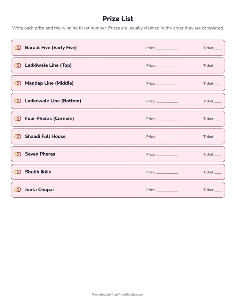 Wedding tambola prize list with themed prize names and space for winners