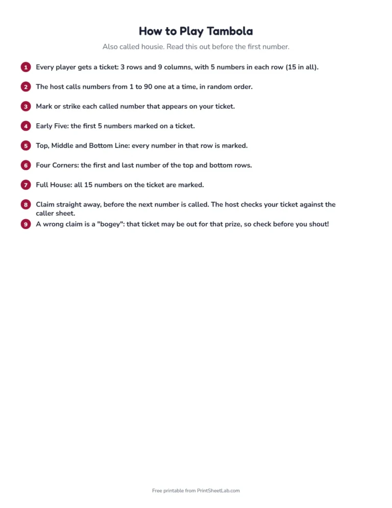 Wedding tambola rules page: how to play and how to claim a prize