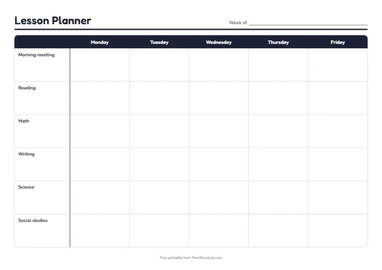 Weekly lesson plan template in black and white on A4