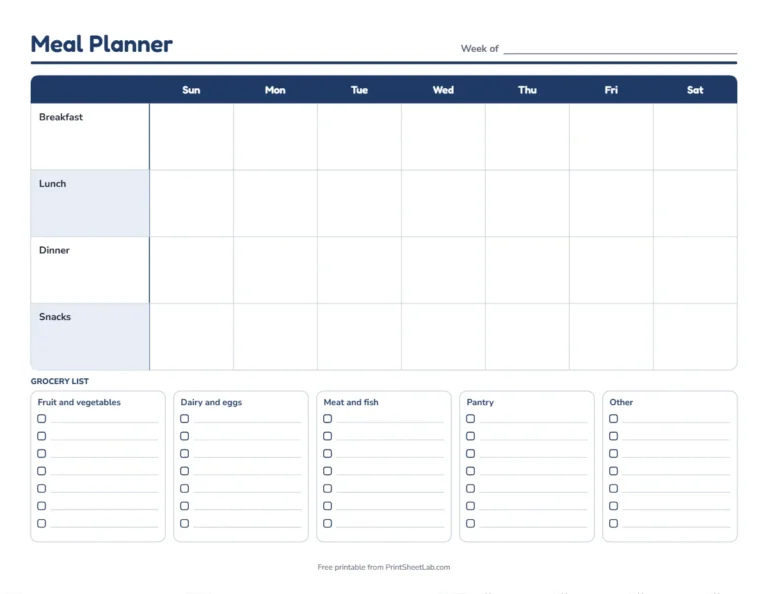 Weekly meal planner with a Sunday start in navy