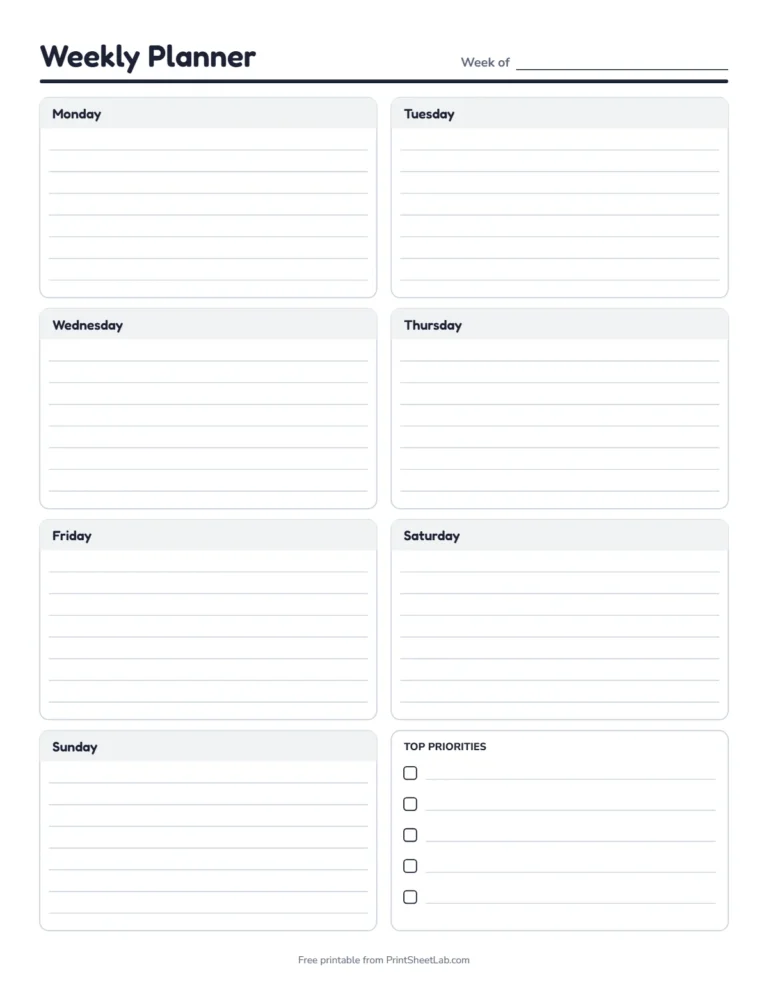 Free weekly planner PDF in black and white that saves ink