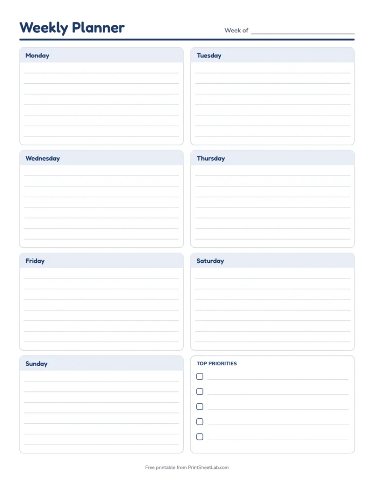Weekly planner printable undated in navy with seven day boxes and a priorities box