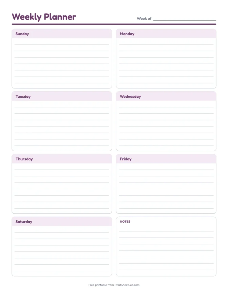 Weekly planner template with a Sunday start and a notes box in plum